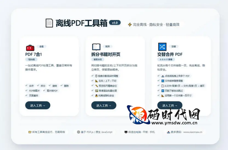 纯前端离线PDF全能工具箱 七合一合并拆分书籍对开交替合并无需网络 配图
